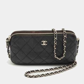 Pre Owned Chanel Black Quilted Caviar Leather Double Zip Wallet On Chain