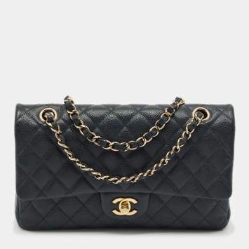 Pre Owned Chanel Navy Blue Quilted Caviar Leather Medium Classic Double Flap Bag