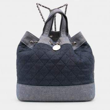Pre Owned Chanel Blue Quilted Denim Medallion Backpack