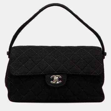 Pre Owned Chanel Black Medium CC Quilted Jersey Double Sided Flap