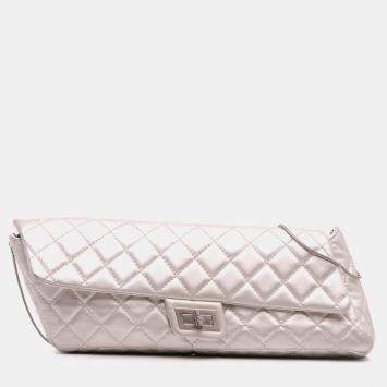 Pre Owned Chanel Silver Reissue 2.55 Metallic Lambskin Clutch With Chain