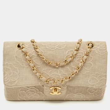Pre Owned Chanel Beige Camellia Embroidered Canvas Medium Classic Double Flap bag