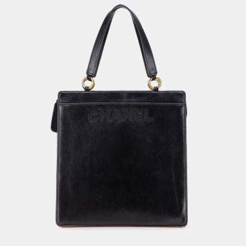 Pre Owned Chanel Black Lambskin Embroidered Logo Tote