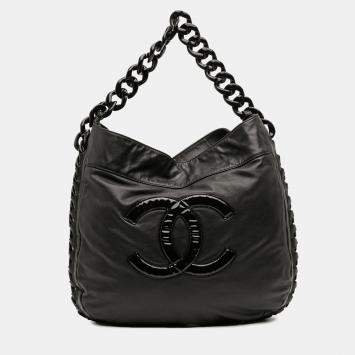 Pre Owned Chanel Black Calfskin Modern Chain Rhodoid Hobo