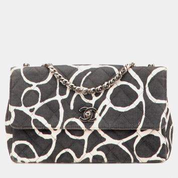 Pre Owned Chanel Black White Medium CC Quilted Printed Canvas Single Flap Bag