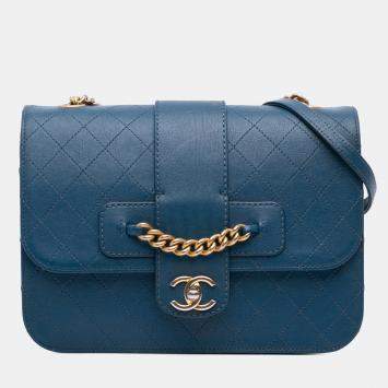 Pre Owned Chanel Blue Large Quilted Sheepskin Front Chain Flap