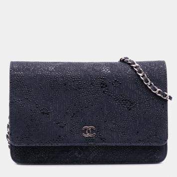 Pre Owned Chanel Blue Lace Overlay Goatskin Wallet On Chain