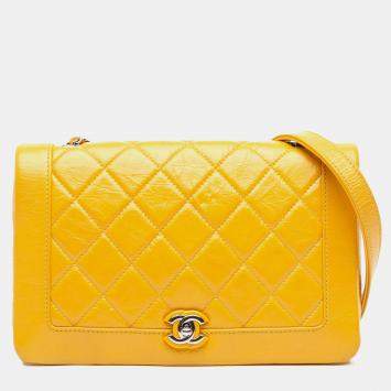 Pre Owned Chanel Yellow Crumpled Calfskin Bi Quilted Vintage Full Flap