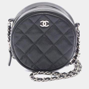 Pre Owned Chanel Black CC Quilted Caviar Round Clutch With Chain