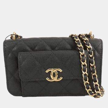 Pre Owned Chanel Black CC Quilted Caviar Pocket Twins Clutch with Chain