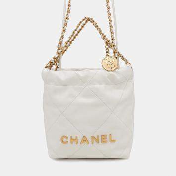 Pre Owned Chanel 22 Mini White Shiny Calf Leather Chain Shoulder Bag