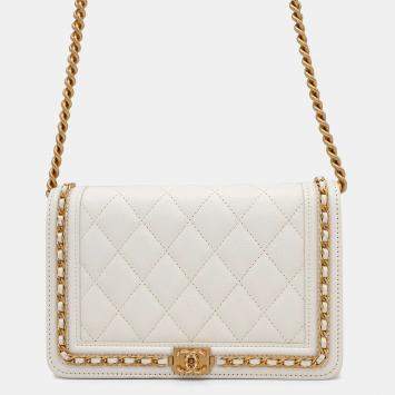 Pre Owned Chanel Boy Chanel Round Chain Wallet White Soft Caviar Leather