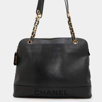Pre Owned Chanel Logo Black Caviar Leather Chain Shoulder Bag