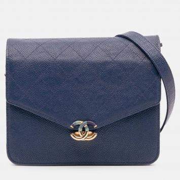 Pre Owned Chanel Blue Square Quilted Grained Calfskin Cuba Thread Around Wallet On Chain