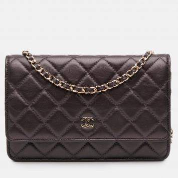 Pre Owned Chanel Brown CC Quilted Lambskin Wallet on Chain
