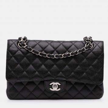 Pre Owned Chanel Black Medium Classic Caviar Double Flap