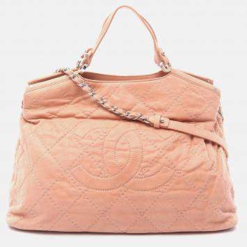 Pre Owned Chanel Wild Stitch Coco CC Pink Suede Chain Shoulder Bag
