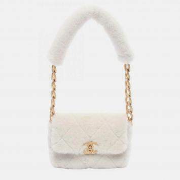 Pre Owned Chanel Matelasse White Shearling Fur Crossbody Bag