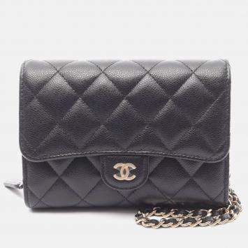 Pre Owned Chanel Matelasse Chain Shoulder Bag Wallet Calfskin Black Ghw Coco