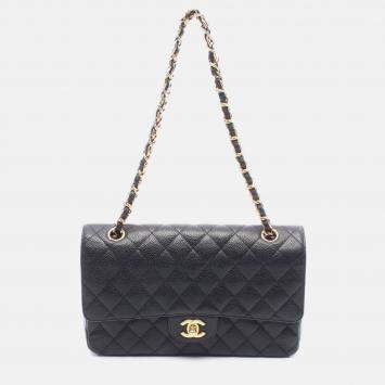 Pre Owned Chanel Matelasse Double Flap Chain Shoulder Bag Calfskin Black Ghw