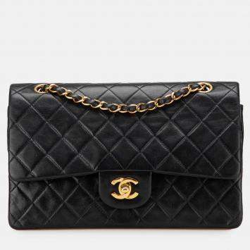 Pre Owned Chanel Black Medium Classic Lambskin Double Flap Bag
