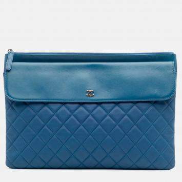 Pre Owned Chanel Blue Large Quilted Lambskin Flap O Case Clutch