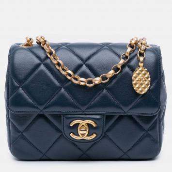 Pre Owned Chanel Navy Blue Mini Square Quilted Lambskin Bijoux Logo Chain Flap