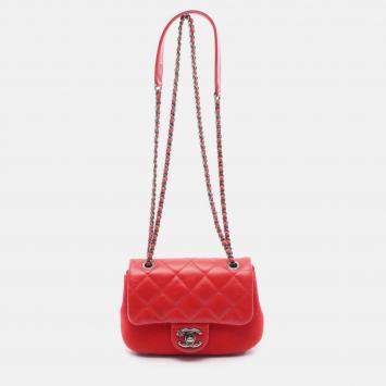 Pre Owned Chanel Red Paris Salzburg Mini Quilted Glazed Calfskin and Felt Edelweiss Flower Flap