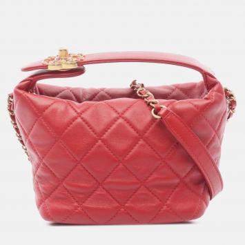 Pre Owned Chanel Red Small Quilted Lambskin Perfect Meeting Hobo