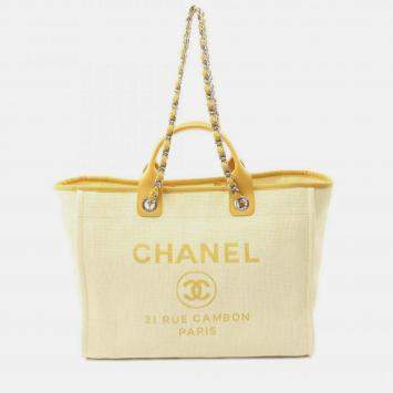 Pre Owned Chanel Deauville Ivory Yellow Leather Raffia Tote Bag