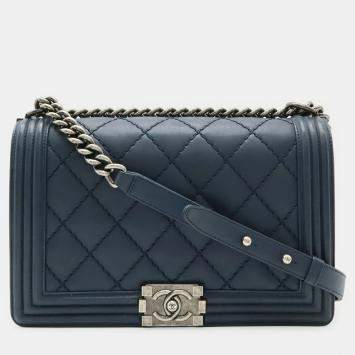Pre Owned Chanel Boy Chanel Navy Calfskin Leather Matelassé Coco Mark Wild Stitch Chain Shoulder Bag