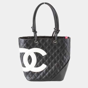 Pre Owned Chanel Medium Cambon Line Black Leather Tote Bag