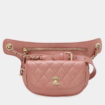 Pre Owned Chanel Matelasse Coco Mark Belt Bag Body Chain Shoulder Leather Pink
