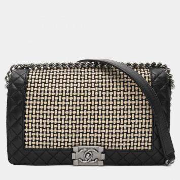 Pre Owned Chanel Boy Chanel Shoulder Bag Lambskin Leather Black And Beige
