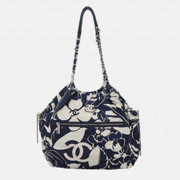 Pre Owned Chanel 2021 Coco Beach Blue/White Canvas Tote Bag