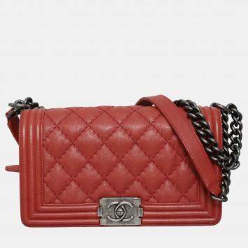 Pre Owned Chanel Boy Old Medium Wild Stitch Red Calfskin Leather Shoulder Bag