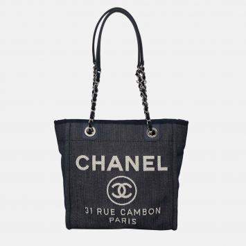 Pre Owned Chanel Mini Deauville Navy Blue Canvas Tote Bag