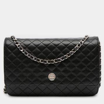 Pre Owned Chanel Black Microquilted Lambskin Wallet On Chain