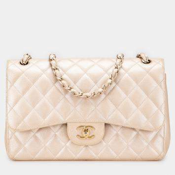 Pre Owned Chanel Gold Jumbo Classic Iridescent Caviar Double Flap