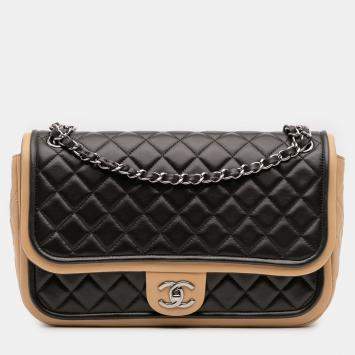 Pre Owned Chanel Black Brown Jumbo Classic Bicolor Lambskin Twist Flap