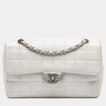 Pre Owned Chanel Silver New Travel Line Medium Metallic Nylon Single Flap