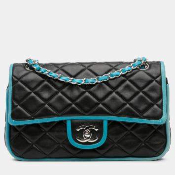 Pre Owned Chanel Black Blue Medium Classic Bicolor Quilted Lambskin Double Flap