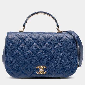 Pre Owned Chanel Navy Blue Small Quilted Caviar Carry Around Flap