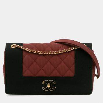 Pre Owned Chanel Black Red Small Bicolor Quilted Grosgrain Satin Small Mademoiselle Double Flap