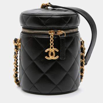 Pre Owned Chanel Black Small Quilted Lambskin Side Note Vanity Case