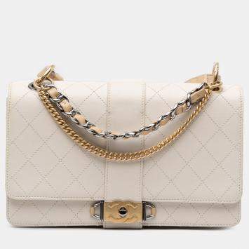 Pre Owned Chanel White CC Stitched Calfskin Chain Flap