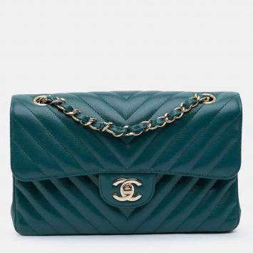 Pre Owned Chanel Classic Small Blue Tone Chevron Caviar Leather Double Flap Bag