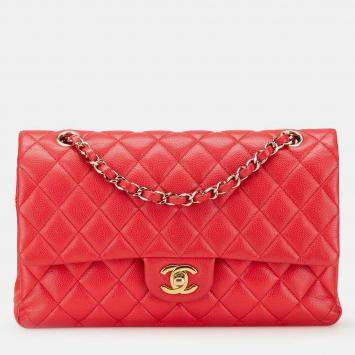 Pre Owned Chanel Classic Medium Red Caviar Leather Double Flap Bag