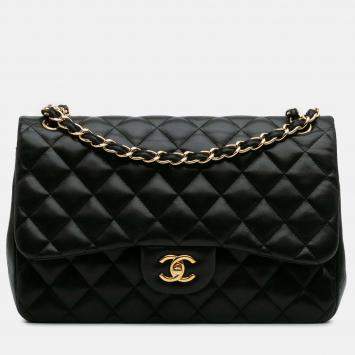 Pre Owned Chanel Classic Double Flap Jumbo Black Lambskin Shoulder Bag