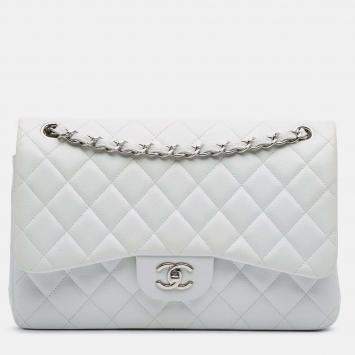 Pre Owned Chanel Classic Double Flap Jumbo White Caviar Shoulder Bag